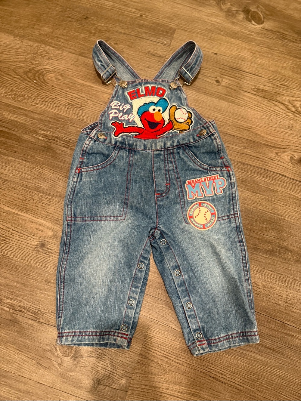 Vintage Sesame Street Elmo Denim Overalls with Baseball Patch - Blue